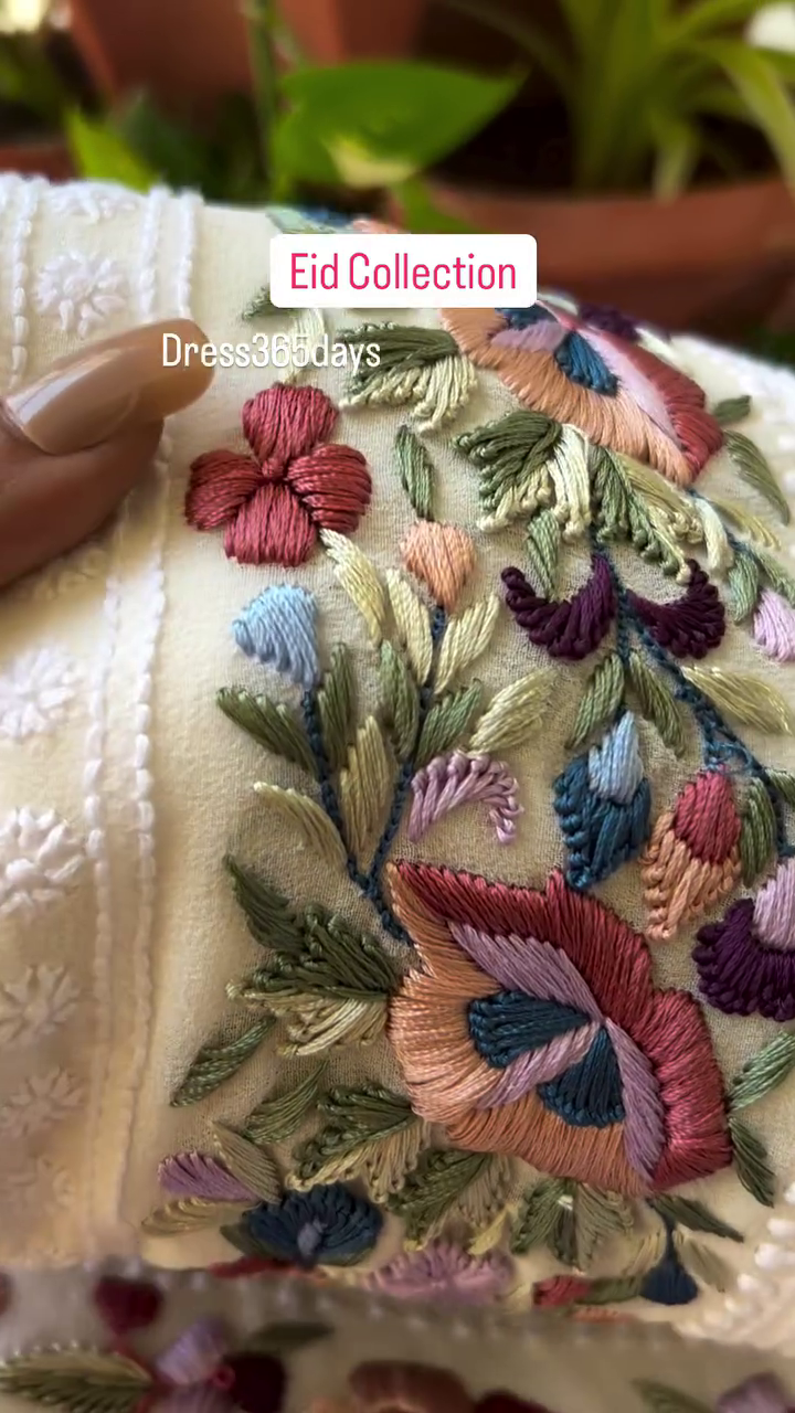 White Chikankari Fabric with Multicolor & Gold Embroidery | Eid Festive Collection by Dress365days - Image 5