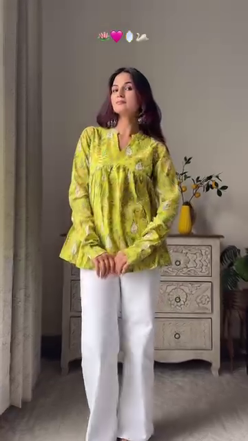 Lime Green Floral Printed Peplum Kurti with White Trousers | Breezy Everyday Ethnic Wear