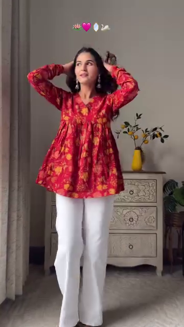 Lime Green Floral Printed Peplum Kurti with White Trousers | Breezy Everyday Ethnic Wear - Image 5