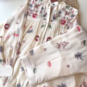 Floral Embroidered Co-ord Set – Soft Ivory Pleated Top & Trousers | ZIVARA