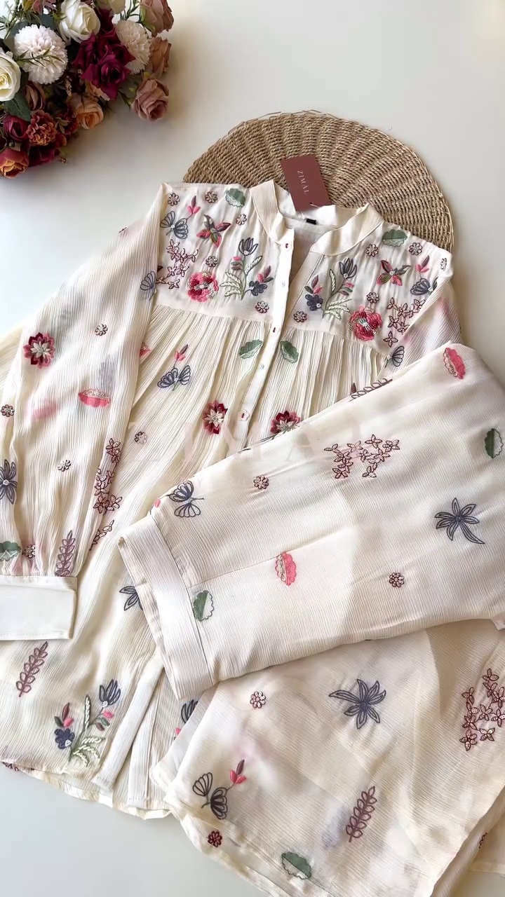 Floral Embroidered Co-ord Set – Soft Ivory Pleated Top & Trousers | ZIVARA