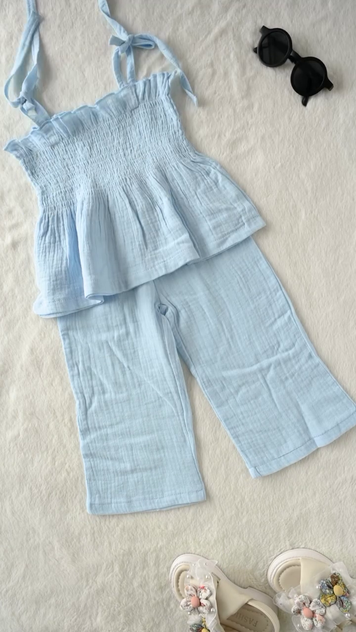 Light Blue Cotton Co-ord Set – Smocked Tie-Up Top & Wide-Leg Pants | Summer Collection