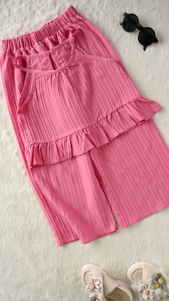 Light Blue Cotton Co-ord Set – Smocked Tie-Up Top & Wide-Leg Pants | Summer Collection - Image 2