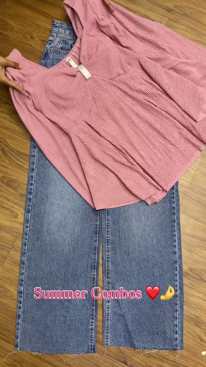 Women's Summer Combo Set – Smocked Puff Sleeve Top & Wide-Leg Jeans | 6 Color Options - Image 2