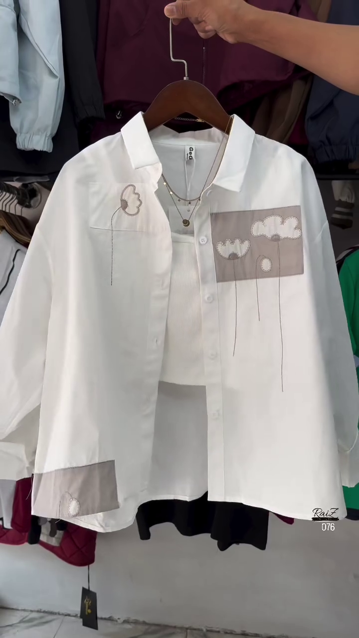 Khaki Cloud Patch Shirt – Oversized Casual Button-Down | 3 Colors - Image 4