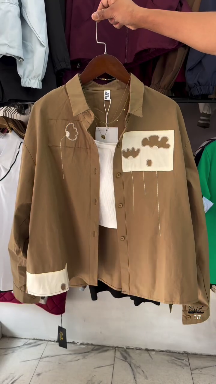 Khaki Cloud Patch Shirt – Oversized Casual Button-Down | 3 Colors