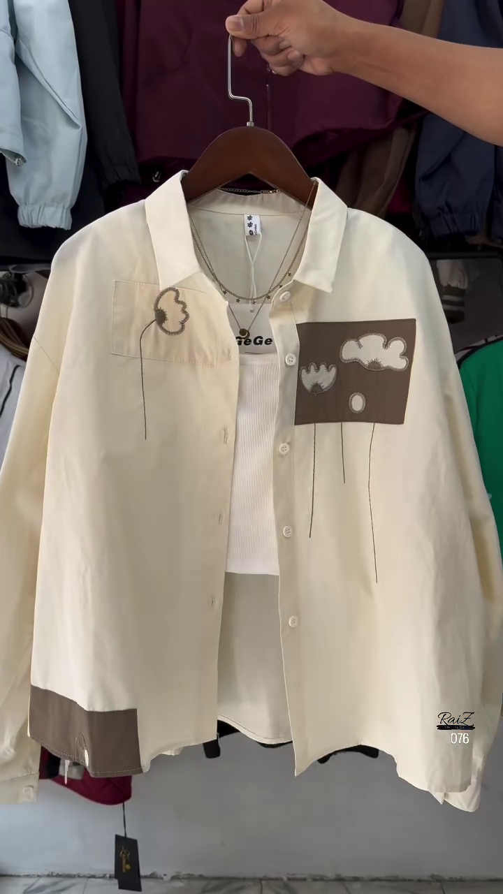 Khaki Cloud Patch Shirt – Oversized Casual Button-Down | 3 Colors - Image 3