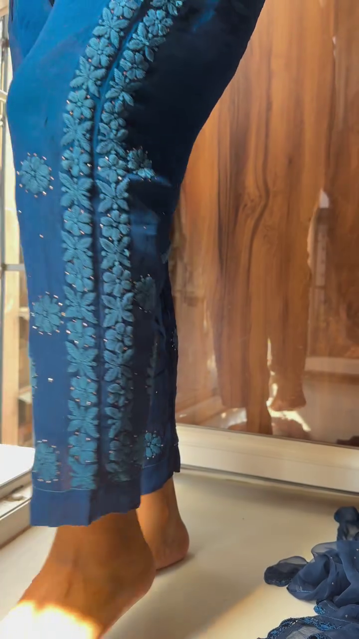 Teal Blue Chikankari Style Embroidered Kurti Set - Image 2