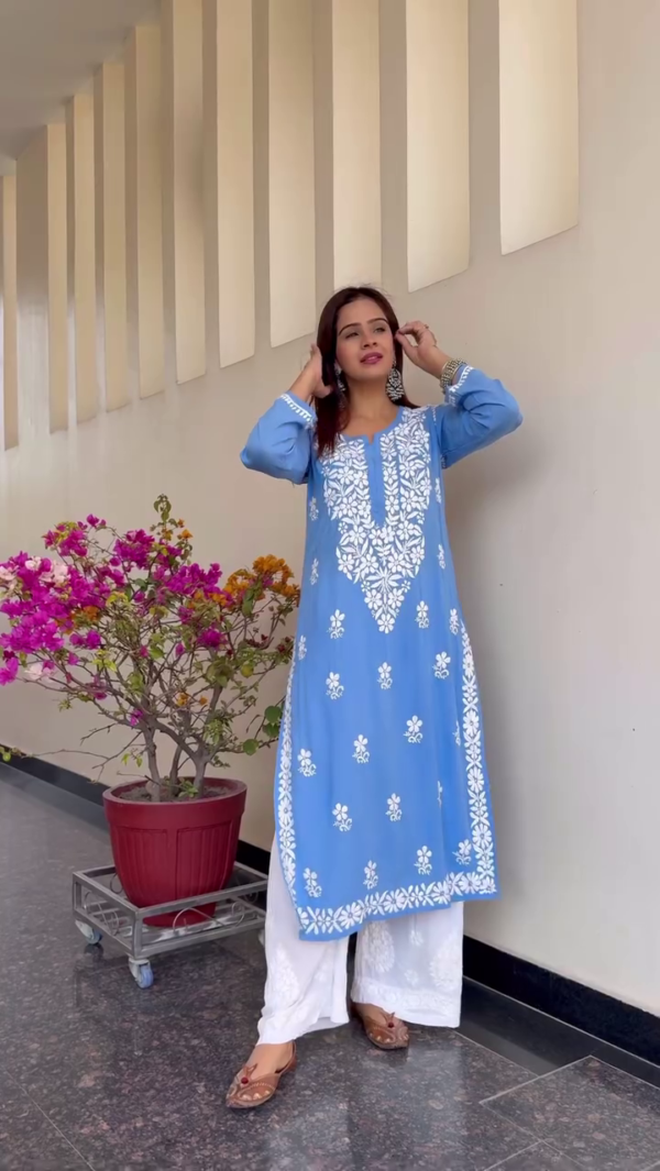 Elegant Sky Blue Ethnic Kurti Set with White Embroidery – Available in 2 Timeless Colors