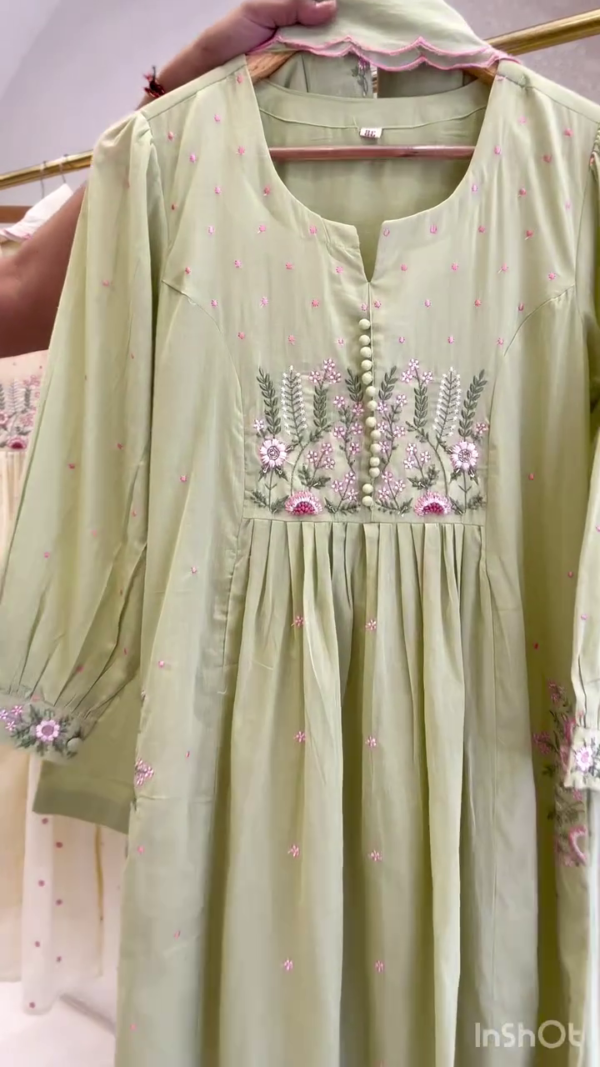 Elegant Embroidered Cotton Dresses – Full Sleeve Anarkali Style | Available in 2 Soft Tones - Image 3