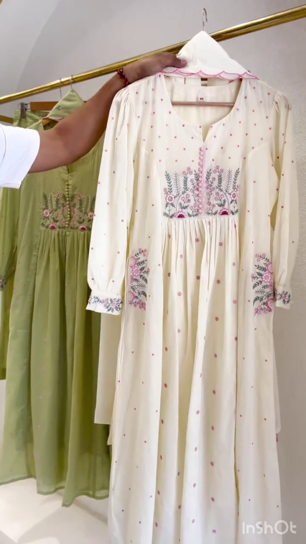 Elegant Embroidered Cotton Dresses – Full Sleeve Anarkali Style | Available in 2 Soft Tones