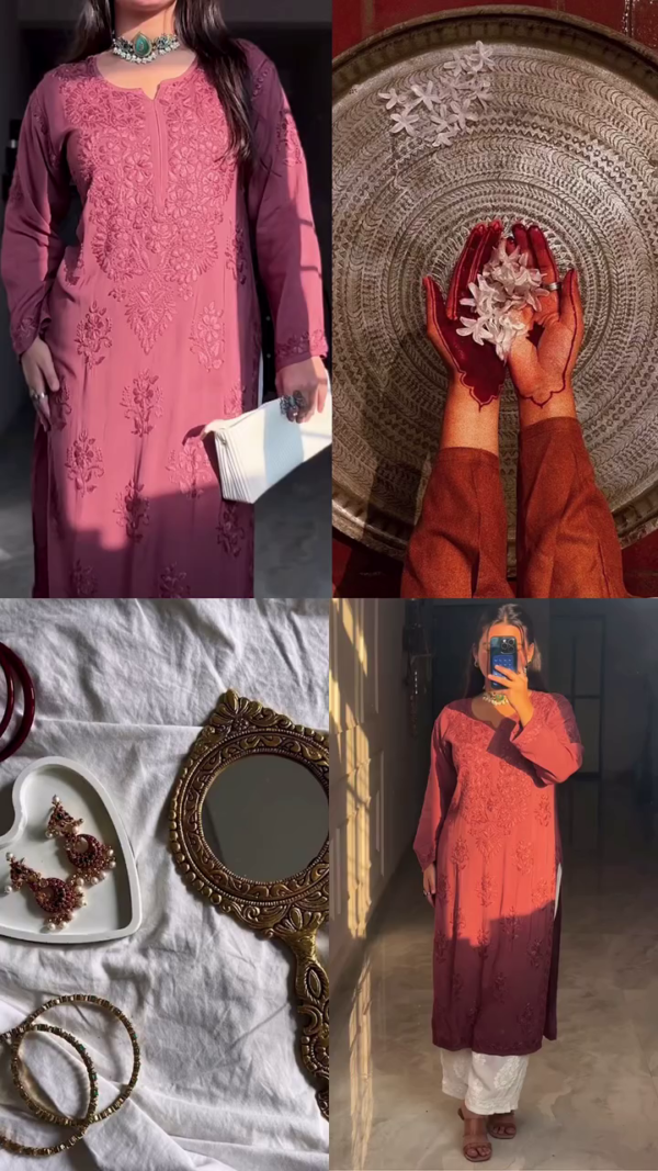 Luxury Hand-Embroidered Long Kurti – Elegant Chikankari Style in 5 Unique Colors - Image 5