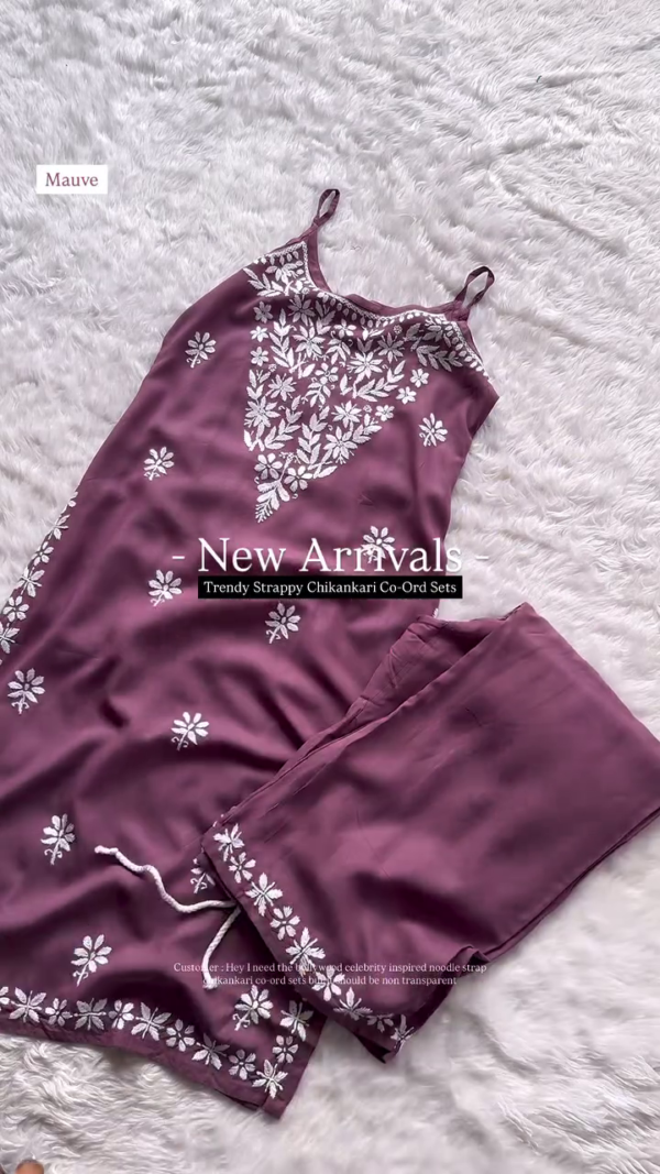 Trendy Mauve Chikankari Co-Ord Set – Strappy Noodle Strap Kurti with Matching Pants (8 Colors)