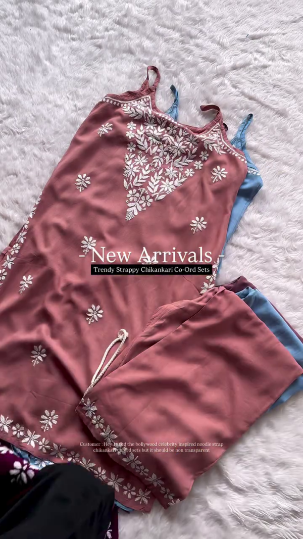 Trendy Mauve Chikankari Co-Ord Set – Strappy Noodle Strap Kurti with Matching Pants (8 Colors) - Image 3