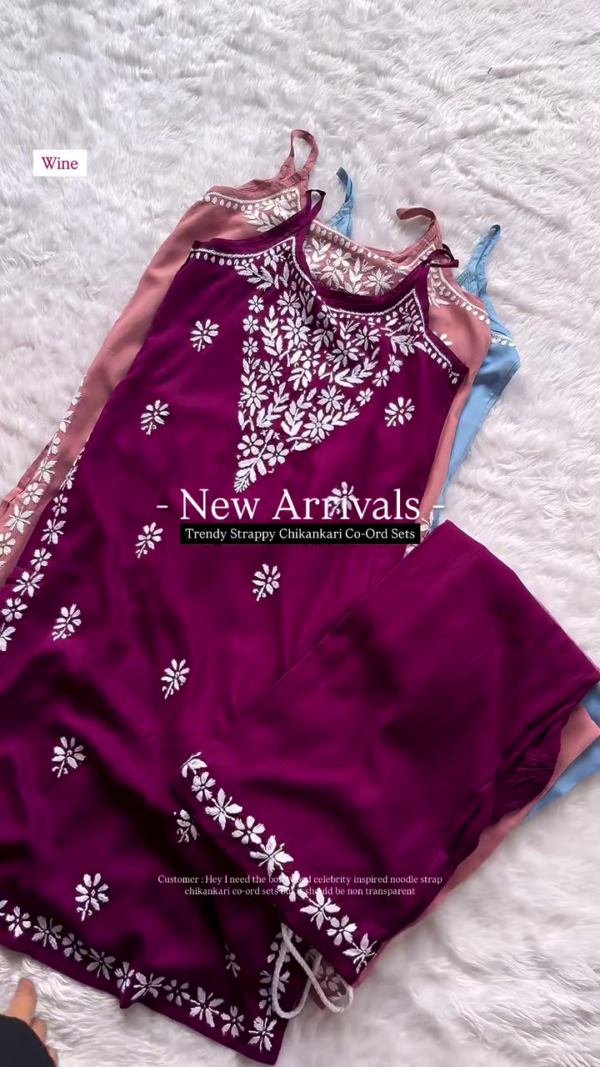 Trendy Mauve Chikankari Co-Ord Set – Strappy Noodle Strap Kurti with Matching Pants (8 Colors) - Image 4