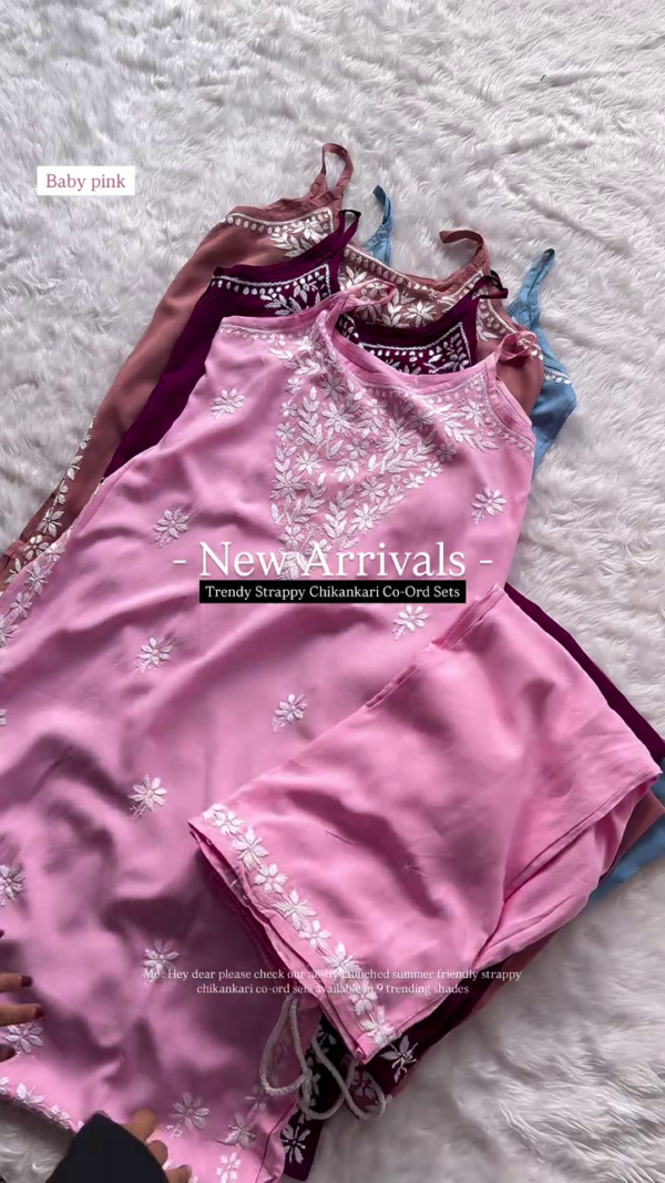 Trendy Mauve Chikankari Co-Ord Set – Strappy Noodle Strap Kurti with Matching Pants (8 Colors) - Image 5