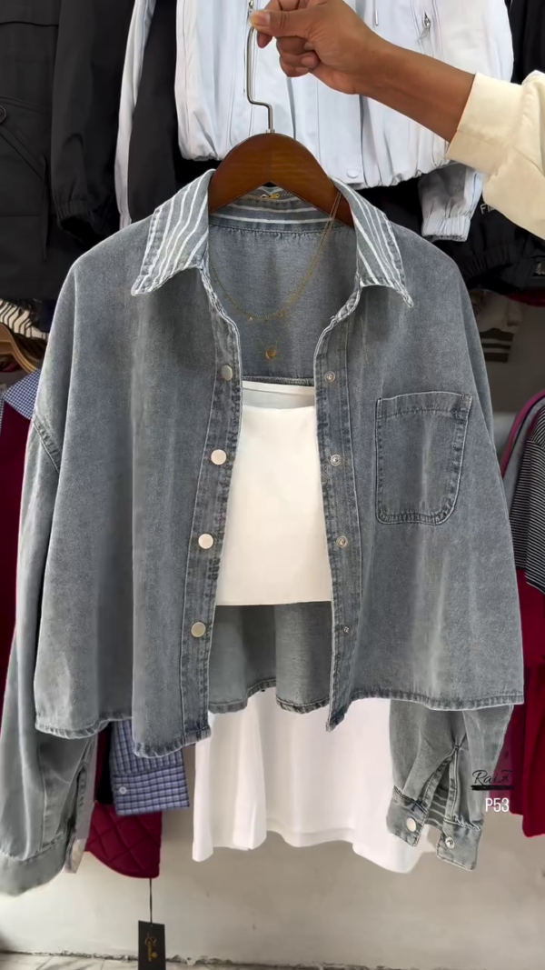 Dual-Layer Cropped Denim Jacket with Striped Collar – Layered Casual Look (2 Colors)