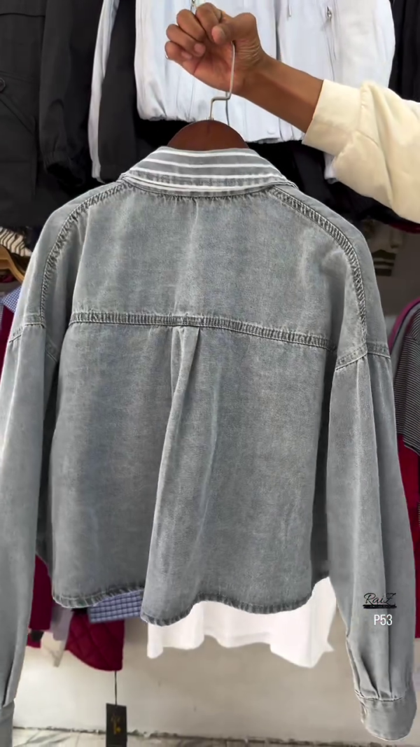 Dual-Layer Cropped Denim Jacket with Striped Collar – Layered Casual Look (2 Colors) - Image 3