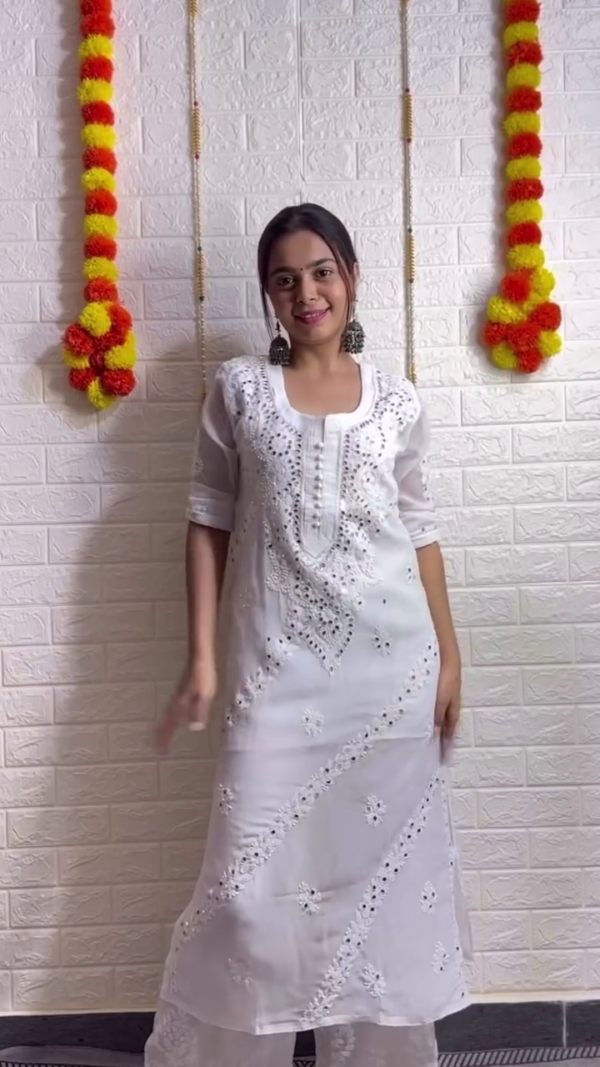 Elegant White Chikankari Kurta Set with Mirror Work – Festive & Summer-Ready Look (5 Colors)