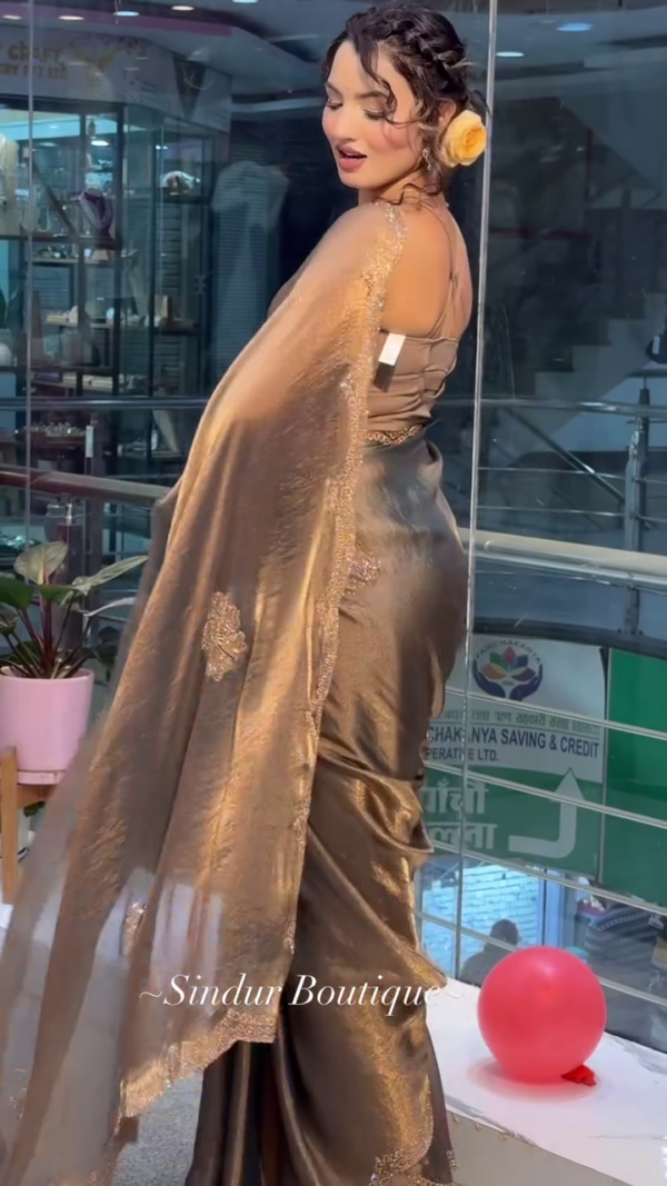 Elegant Metallic Taupe Silk Saree with Embellished Border – Luxury Indian Ethnic Wear - Image 2