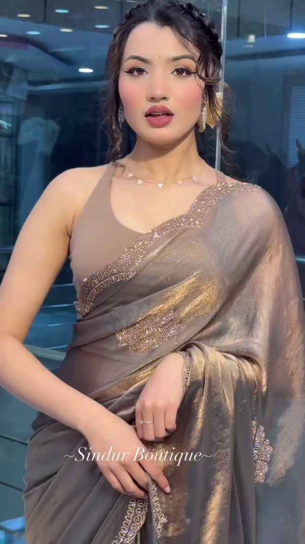 Elegant Metallic Taupe Silk Saree with Embellished Border – Luxury Indian Ethnic Wear