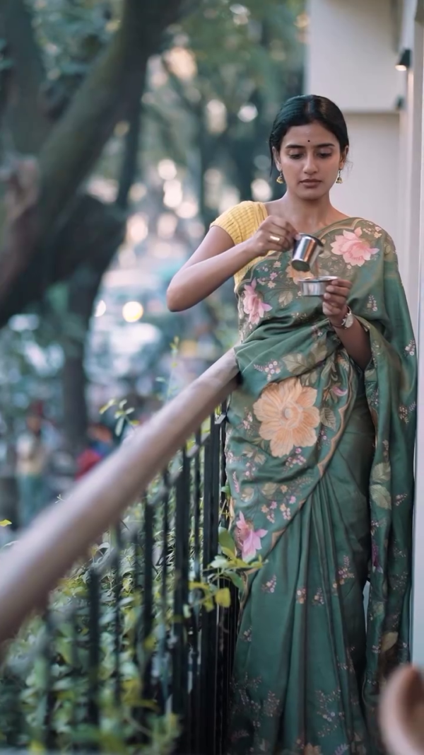 Pastel Green Satin Silk Saree with Hand-Painted Floral Print – Ethereal Daywear for Modern Women - Image 2