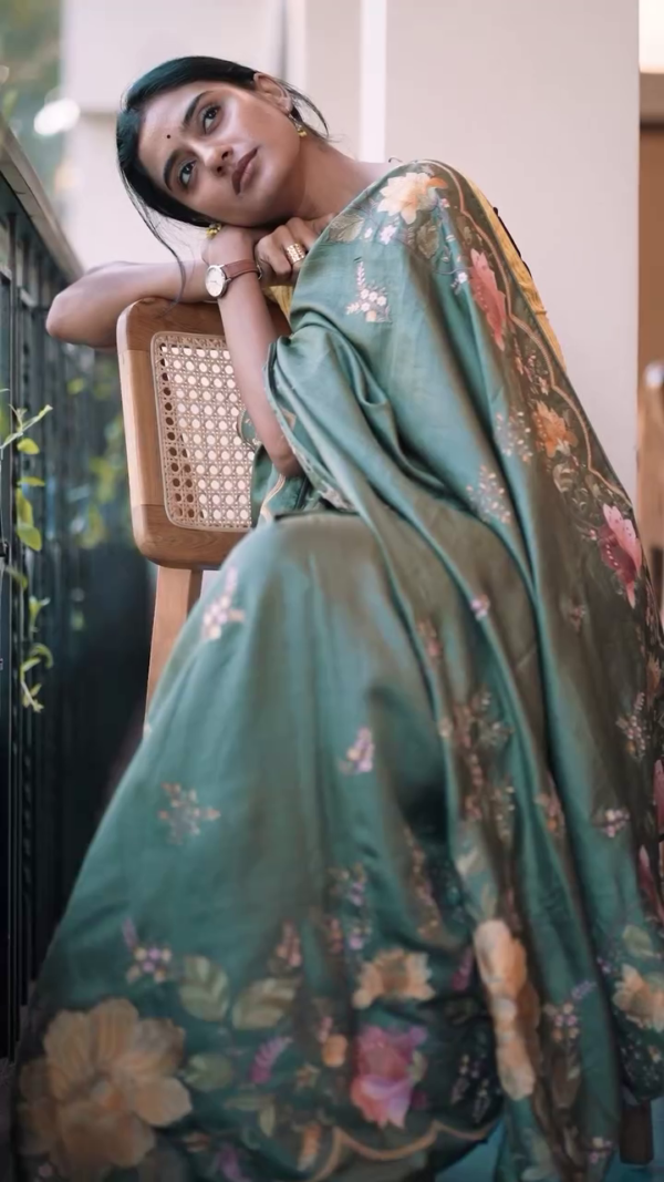 Pastel Green Satin Silk Saree with Hand-Painted Floral Print – Ethereal Daywear for Modern Women
