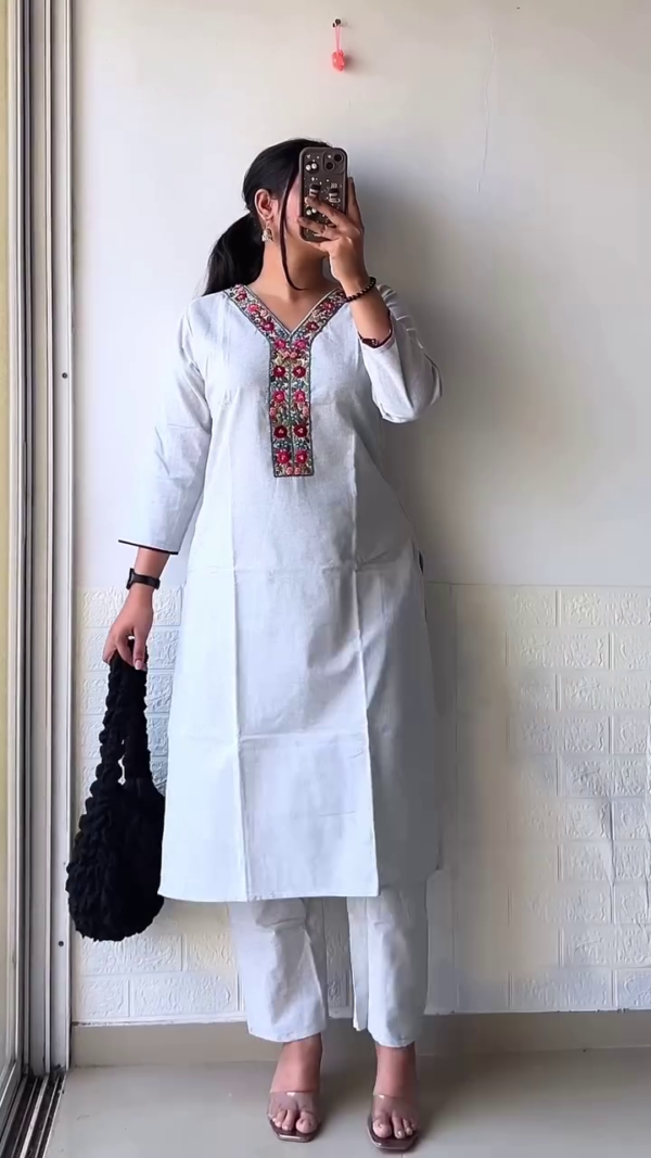 Elegant Brown Cotton Kurta Set with Floral Neck Embroidery – Stylish & Comfortable Everyday Ethnic Wear - Image 5