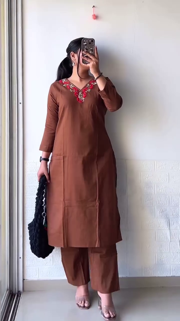 Elegant Brown Cotton Kurta Set with Floral Neck Embroidery – Stylish & Comfortable Everyday Ethnic Wear