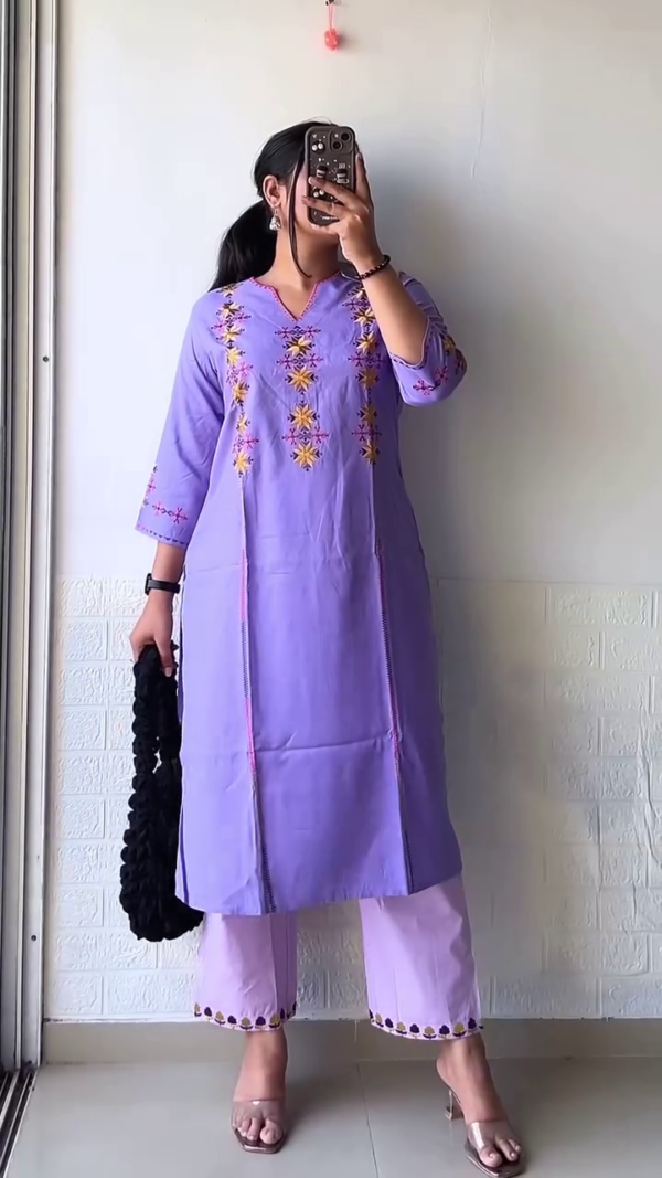 Elegant Brown Cotton Kurta Set with Floral Neck Embroidery – Stylish & Comfortable Everyday Ethnic Wear - Image 4