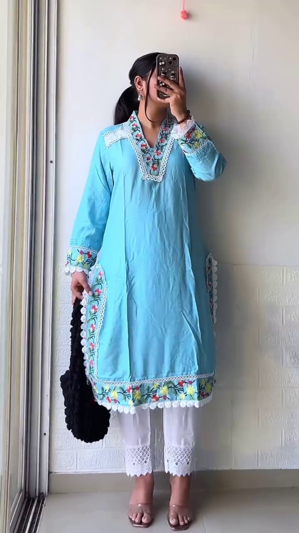 Elegant Brown Cotton Kurta Set with Floral Neck Embroidery – Stylish & Comfortable Everyday Ethnic Wear - Image 3