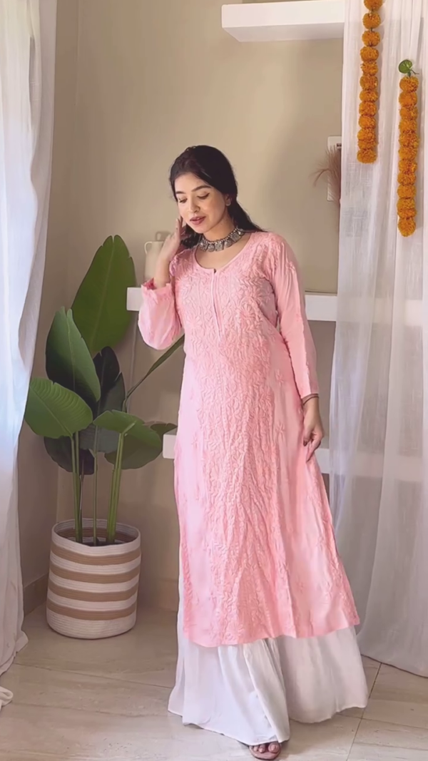 Soft Pink Cotton Chikankari Kurta with White Palazzo – Graceful Ethnic Wear for Everyday Elegance - Image 4
