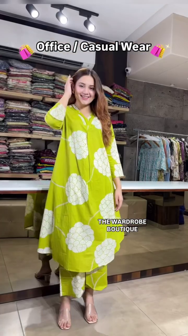 Bright Lime Green Cotton Kurta Set for Office & Casual Wear – Floral Printed Co-Ord Style (Available in 4 Colors)