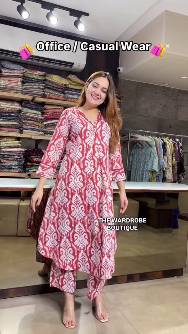 Bright Lime Green Cotton Kurta Set for Office & Casual Wear – Floral Printed Co-Ord Style (Available in 4 Colors) - Image 2