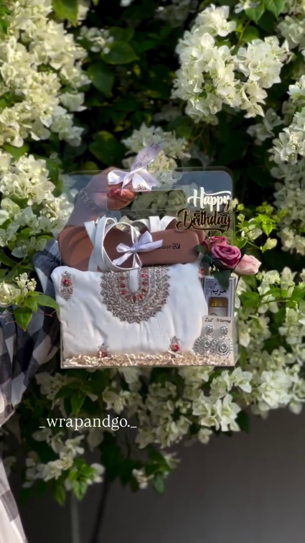 Elegant Birthday Gift Hamper for Her – White Embroidered Dress, Earrings & Wrapped Accessories in Acrylic Box