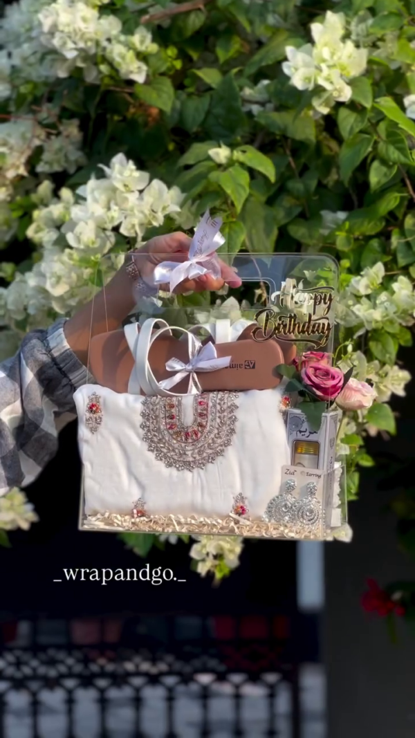 Elegant Birthday Gift Hamper for Her – White Embroidered Dress, Earrings & Wrapped Accessories in Acrylic Box - Image 2