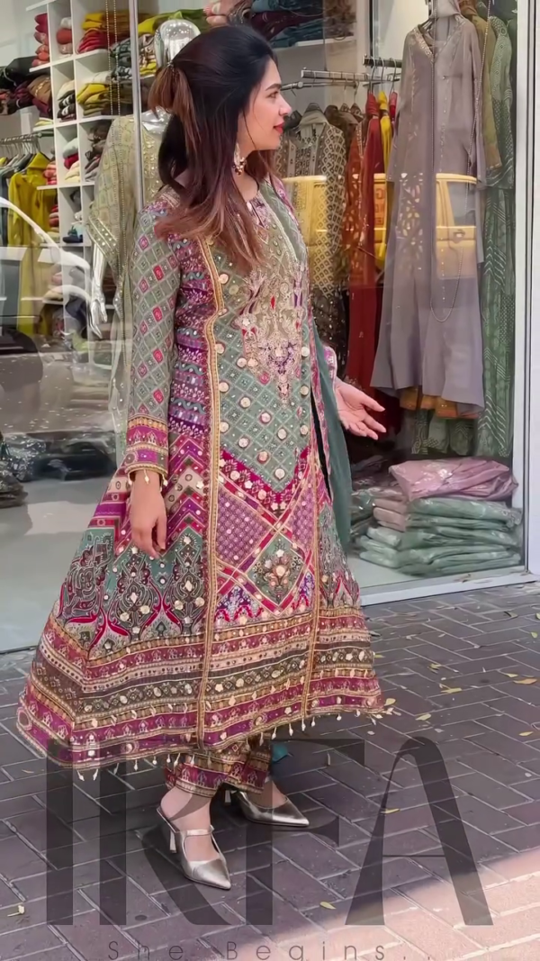 Luxury Embroidered Festive Suit for Women – Teal Green & Multicolor Traditional Kurta with Intricate Detailing - Image 2