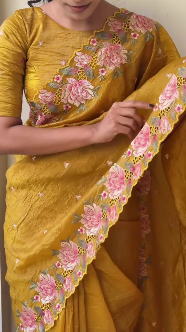 Elegant Mustard Yellow Silk Saree with Floral Embroidery – Traditional Indian Saree for Weddings & Festive Wear - Image 2