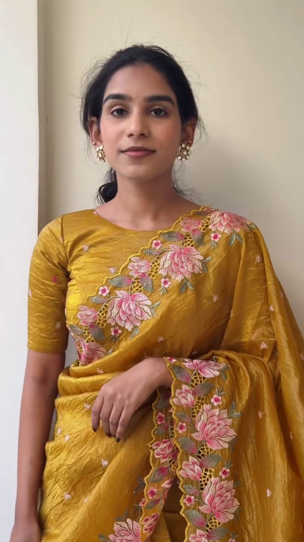 Elegant Mustard Yellow Silk Saree with Floral Embroidery – Traditional Indian Saree for Weddings & Festive Wear