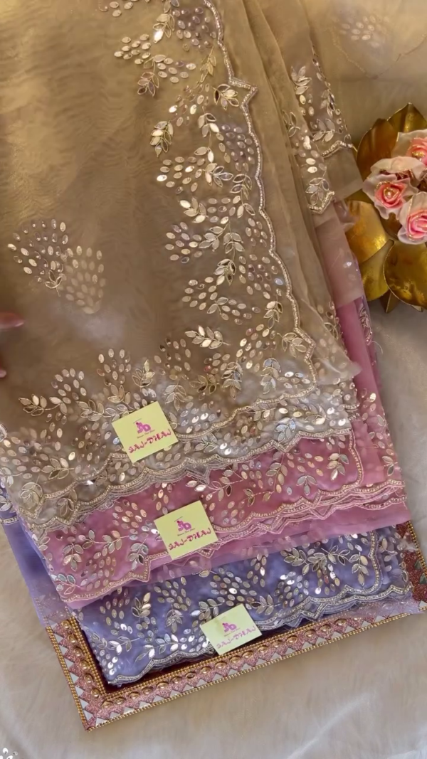 Elegant Mirror Work Net Dupatta – Soft Gold, Dusty Pink & Lavender Shades for Ethnic Wear