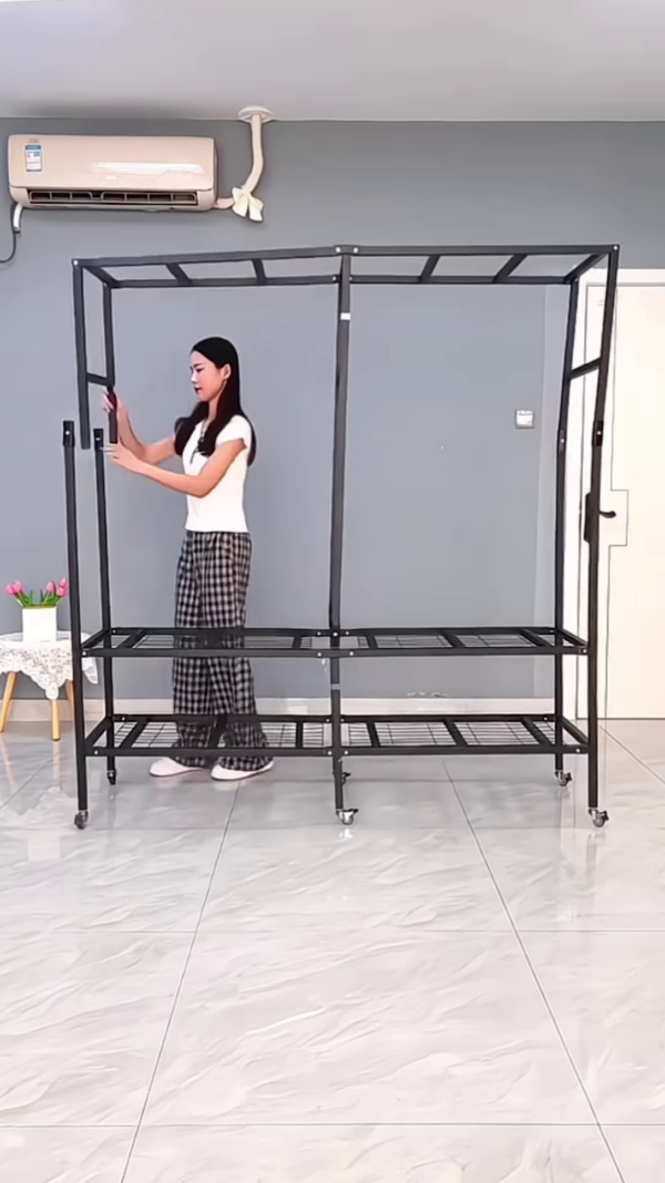 "Portable Fabric Wardrobe Organizer - Lightweight Rolling Clothes Storage with Lavender Curtains" - Image 3