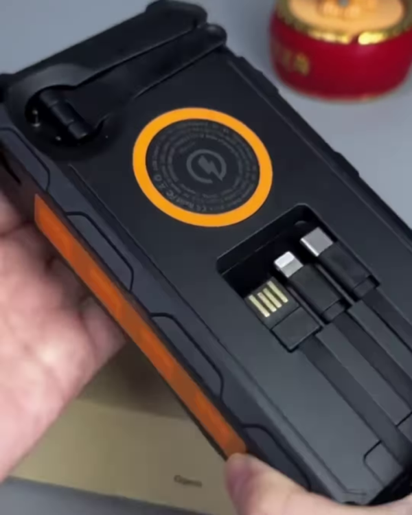 Rugged Solar Power Bank with Integrated Charging Cables - Portable Outdoor Battery Pack