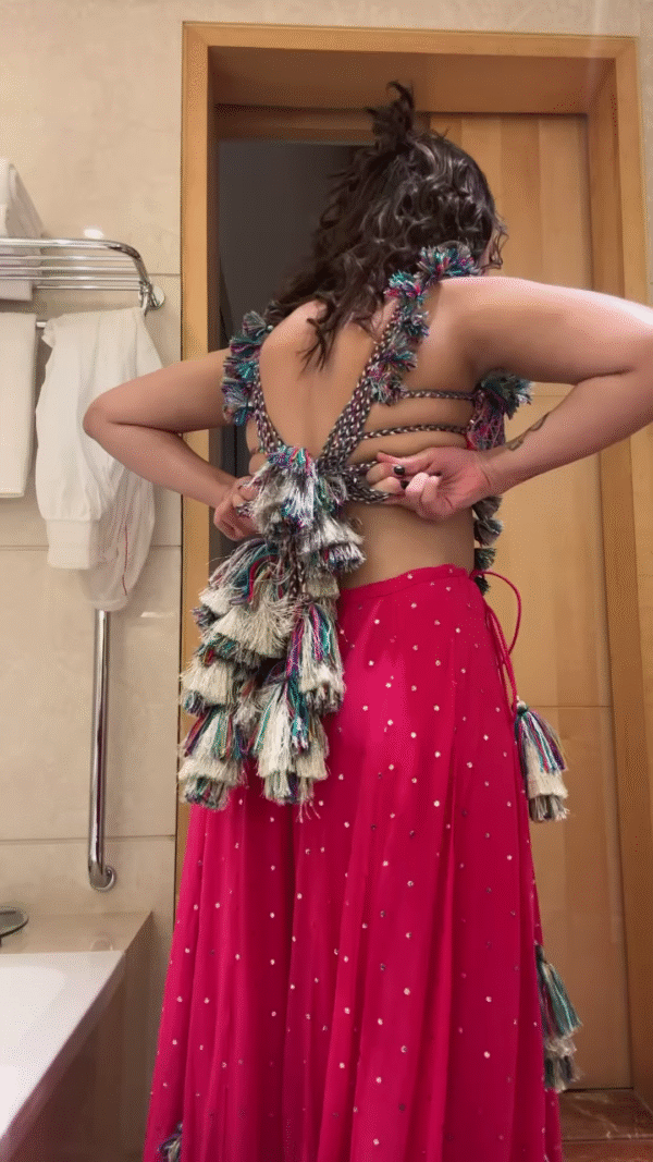 Mirror Work Tassel Embellished Crop Top & Sharara Set – Vibrant Navratri & Garba Look for Festive Nights - Image 2