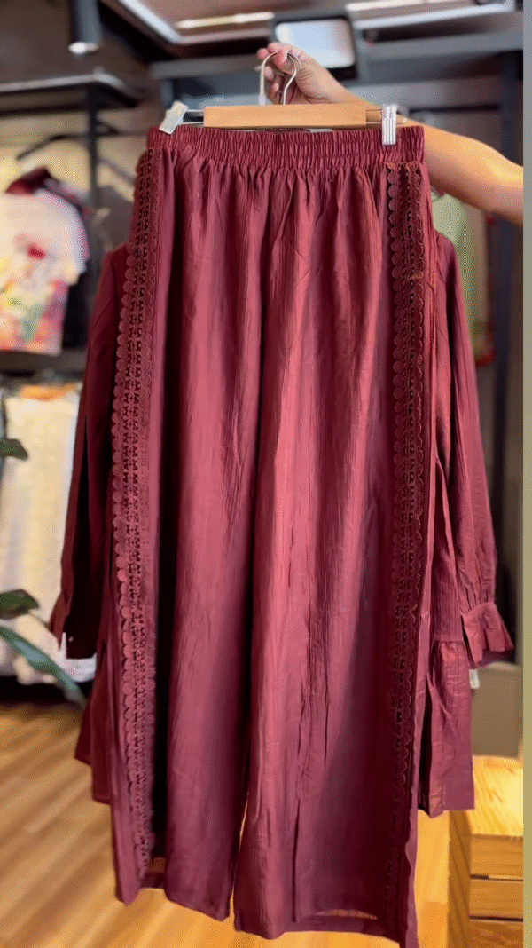 Elegant Maroon Co-ord Set with Delicate Lace Details - Stylish Women's Top and Bottoms - Image 2
