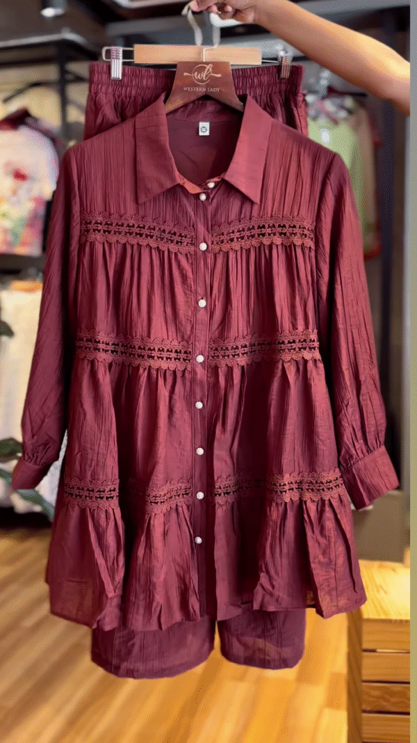 Elegant Maroon Co-ord Set with Delicate Lace Details - Stylish Women's Top and Bottoms