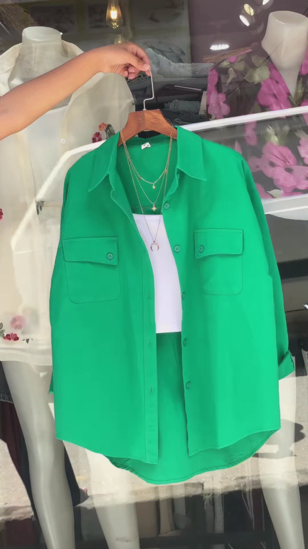 Vibrant Green Oversized Button-Down Shirt - Women's Stylish Casual Top with Pockets