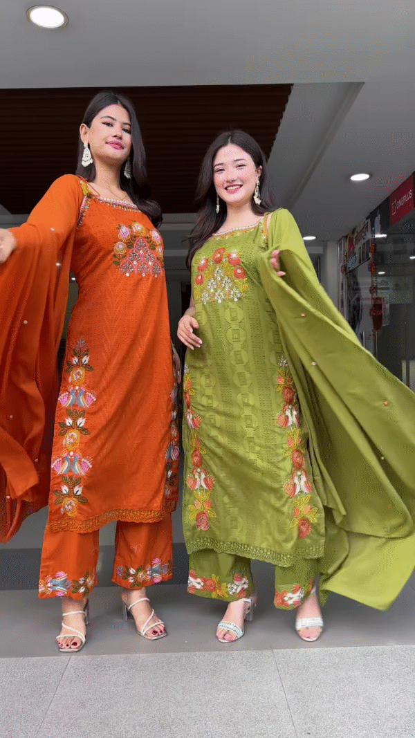 Vibrant Embroidered Ethnic Sets for Women - Orange & Olive Green Festive Wear - Image 2
