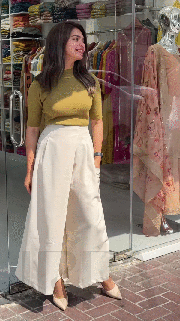 Women’s Mustard Short Sleeve T-Shirt with White Wide-Leg Pants – Minimalist Streetwear Look