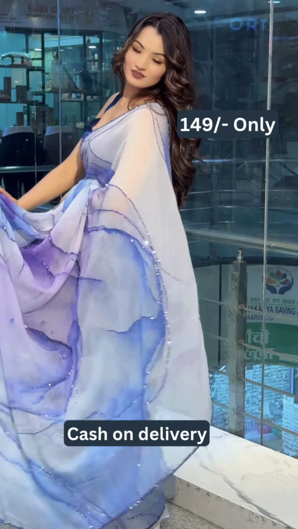 Women’s Abstract Blue-Purple Printed Saree with Solid Blouse – Lightweight Everyday Ethnicwear - Image 2