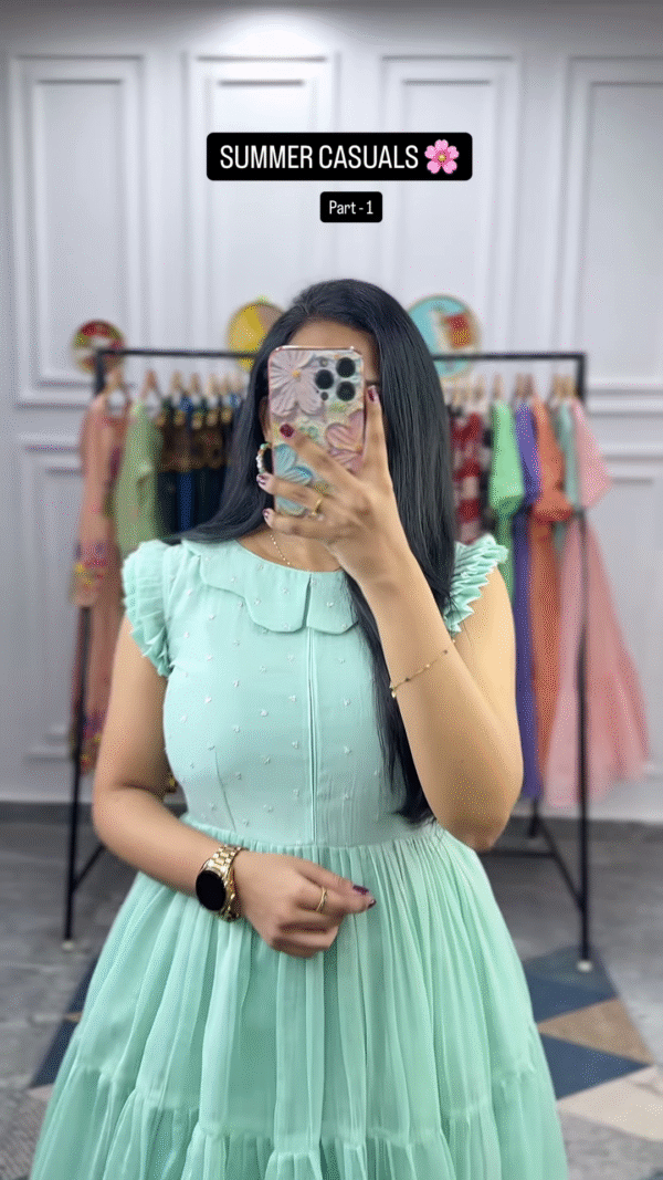 Women’s Light Green Tiered Ruffle Dress – Summer Casualwear with Mirror Portrait Styling - Image 2